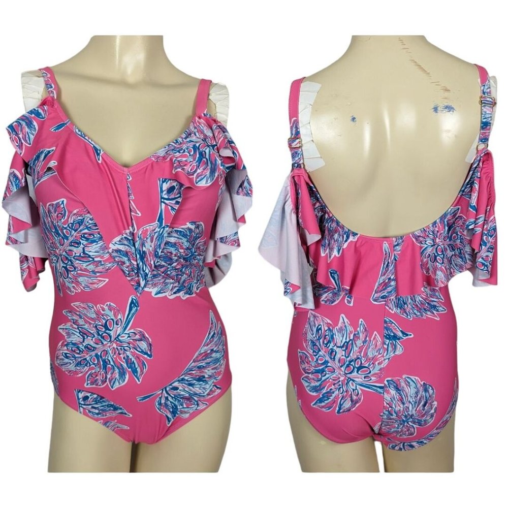 Nicole Miller One piece Leaves print pink blue cold shoulder ruffled Swimsuit S